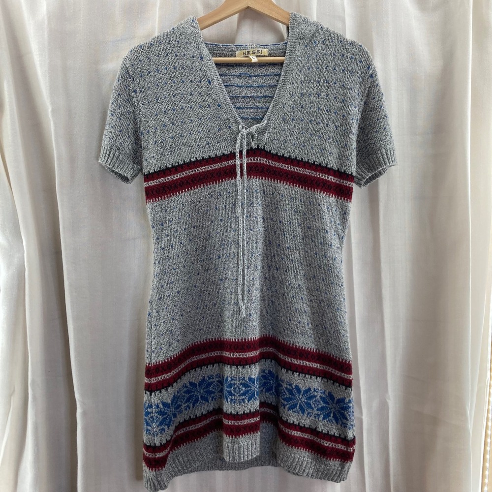 Skater Girl Hessi Knit Hoodie Dress Fair Isle Snowflake Blue Red Gray Med Nordic